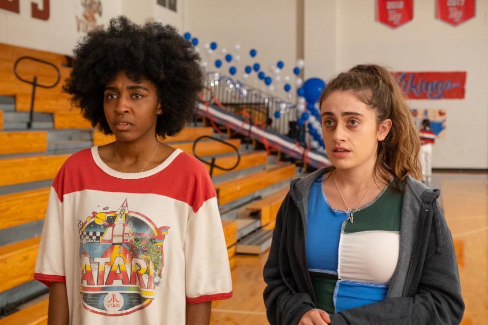 High school seniors Josie (Ayo Edebiri, left) and PJ (Rachel Sennott) hatch a plan to hook up with cheerleaders in the comedy "Bottoms."
