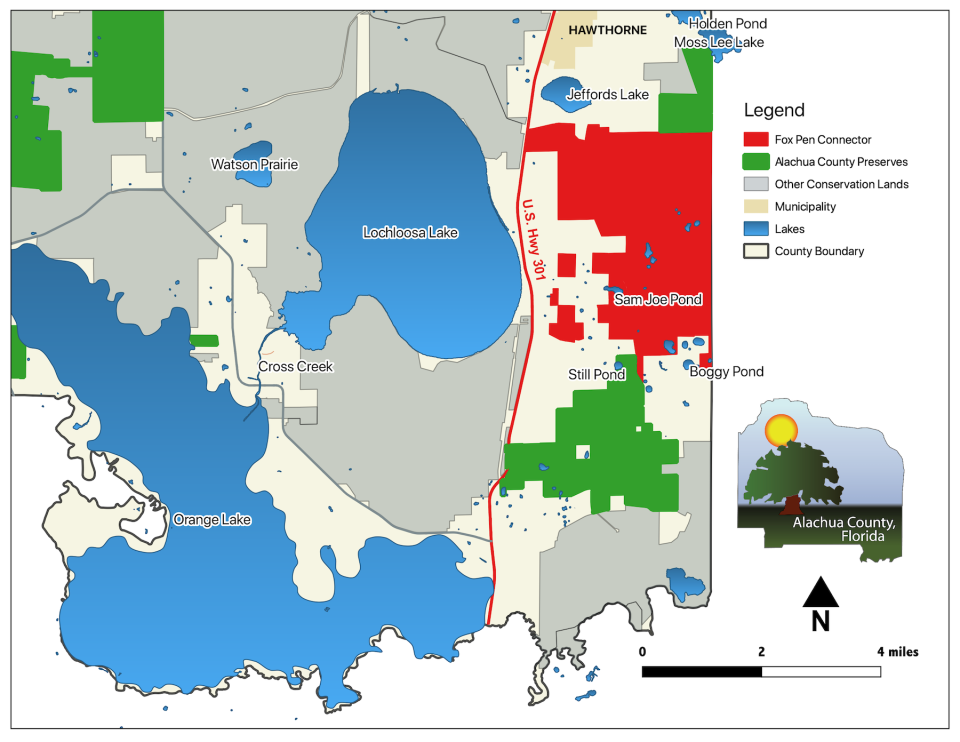 Alachua County closed in January on a nearly 4,000 acre purchase known as the Fox Pen Connector, which bridges the gap between the 385-acre Fox Pen Tract and the 1,861-acre Lochloosa Slough Preserve.