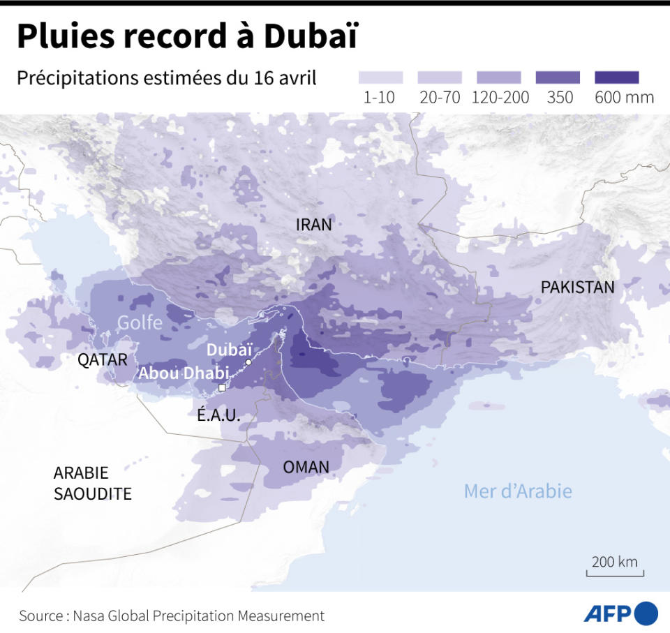 <span>Carte du Moyen-Orient montrant les précipitations du mardi 16 avril 2024, qui se sont notamment abattues sur Dubaï</span><div><span>JONATHAN WALTER / AFP</span></div>
