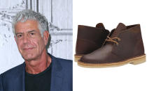 <p>If it’s one thing Anthony Bourdain won’t travel without, it’s his suede <a rel="nofollow noopener" href="http://www.anrdoezrs.net/links/7876402/type/dlg/sid/TLFASsheG1CS11_ComfyCelebShoesMay17/http://www.clarksusa.com/us/mens/mens-boots/mens-desert-boots/desert-boot-beeswax/p/261065627070" target="_blank" data-ylk="slk:Clarks Desert Boots;elm:context_link;itc:0;sec:content-canvas" class="link ">Clarks Desert Boots</a>. According to the famous TV personality and chef, these boots are great for airport security and are super comfortable to walk in. We’ll take your word for it, Anthony.</p> <p><strong>To buy:</strong> <a rel="nofollow noopener" href="http://www.anrdoezrs.net/links/7876402/type/dlg/sid/TLFASsheG1CS11_ComfyCelebShoesMay17/http://www.clarksusa.com/us/mens/mens-boots/mens-desert-boots/desert-boot-beeswax/p/261065627070" target="_blank" data-ylk="slk:clarks.com;elm:context_link;itc:0;sec:content-canvas" class="link ">clarks.com</a>, $130</p>