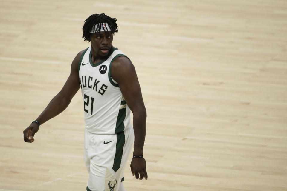 Milwaukee Bucks' Jrue Holiday during the first half of Game 5 of the NBA Eastern Conference Finals against the Atlanta Hawks Thursday, July 1, 2021, in Milwaukee. (AP Photo/Aaron Gash)