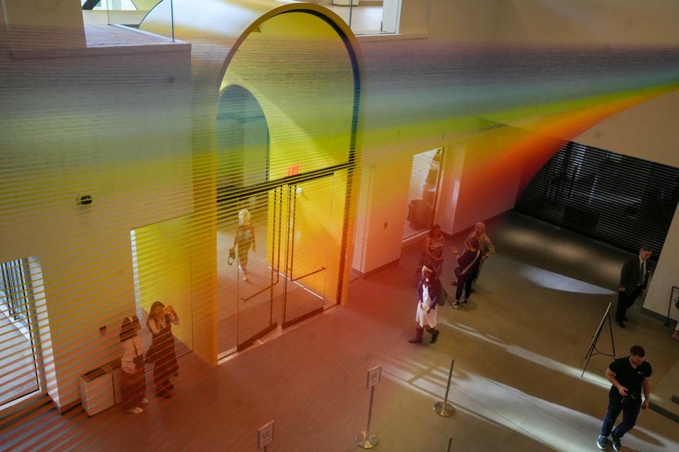 Thread-based artwork "Plexus No. 44" by Gabriel Dawe is displayed in the new check-in lobby.