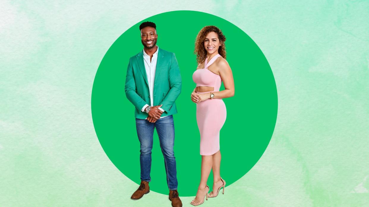  Lydia and Uche, Love Is Blind season 5 contestants who dated previously on a green background. 