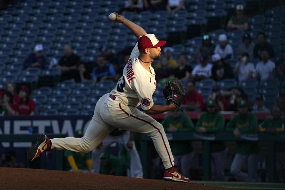 Los Angeles Angels starting pitcher Patrick Sandoval throws to the plate during the first inning of a baseball game against the Oakland Athletics Wednesday, April 26, 2023, in Anaheim, Calif. (AP Photo/Mark J. Terrill)