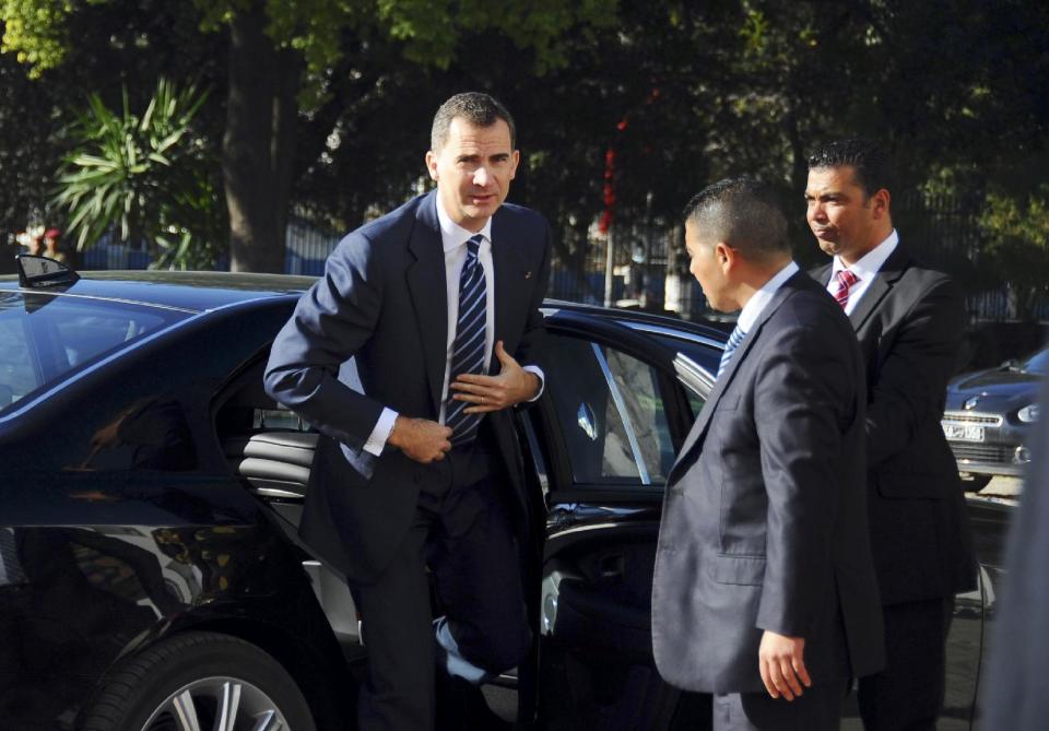 Spain's Crown Prince Felipe, arrives for a ceremony at the Constituent Assembly in Tunis, Friday, Feb. 7, 2014. French President Francois Hollande and other world leaders attended a ceremony for the formal adoption of a document being praised as one of the most progressive constitutions in an Arab nation. (AP Photo/Hassene Dridi)