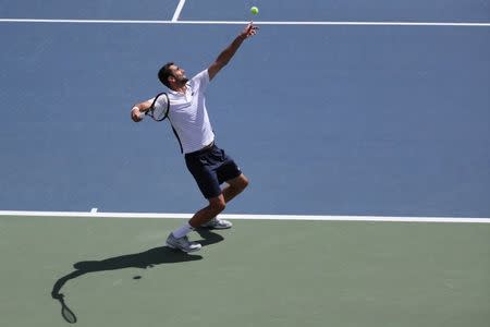 Sep 2, 2016; New York, NY, USA; Marin Cilic of Croatia serves to Jack Sock of the United States on day five of the 2016 U.S. Open tennis tournament at USTA Billie Jean King National Tennis Center. Anthony Gruppuso-USA TODAY Sports