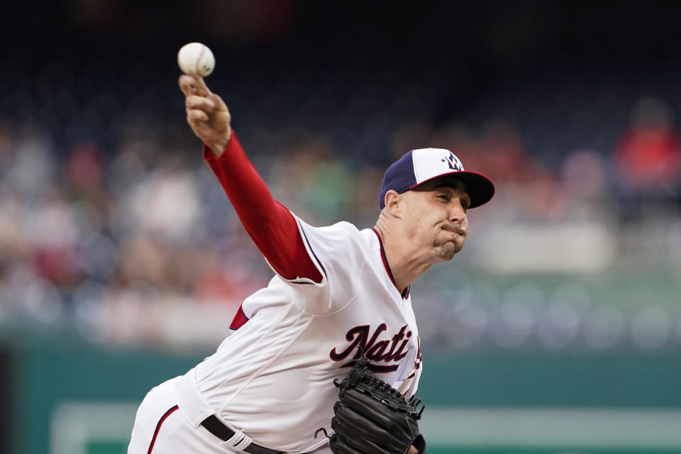 Washington Nationals starting pitcher Aaron Sanchez throws during the first inning of a baseball game against the New York Mets at Nationals Park, Wednesday, May 11, 2022, in Washington. (AP Photo/Alex Brandon)