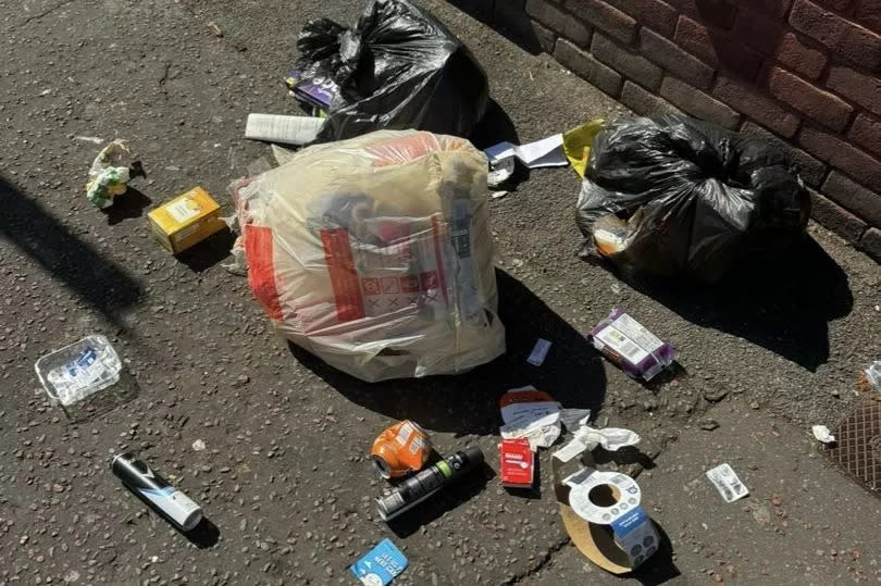 Torn open black bags and rubbish scattering the pavement on Wyeverne Road. -Credit:Ellie Gosley