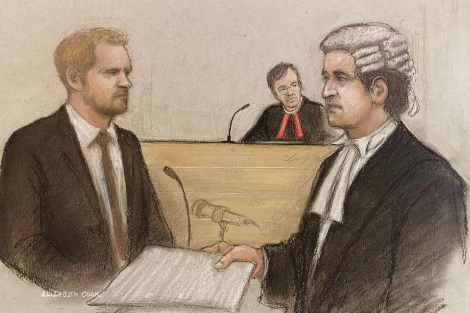 Court artist sketch by Elizabeth Cook of the Duke of Sussex (left) with his counsel David Sherborne (right) giving evidence at the Rolls Buildings in central London (PA)