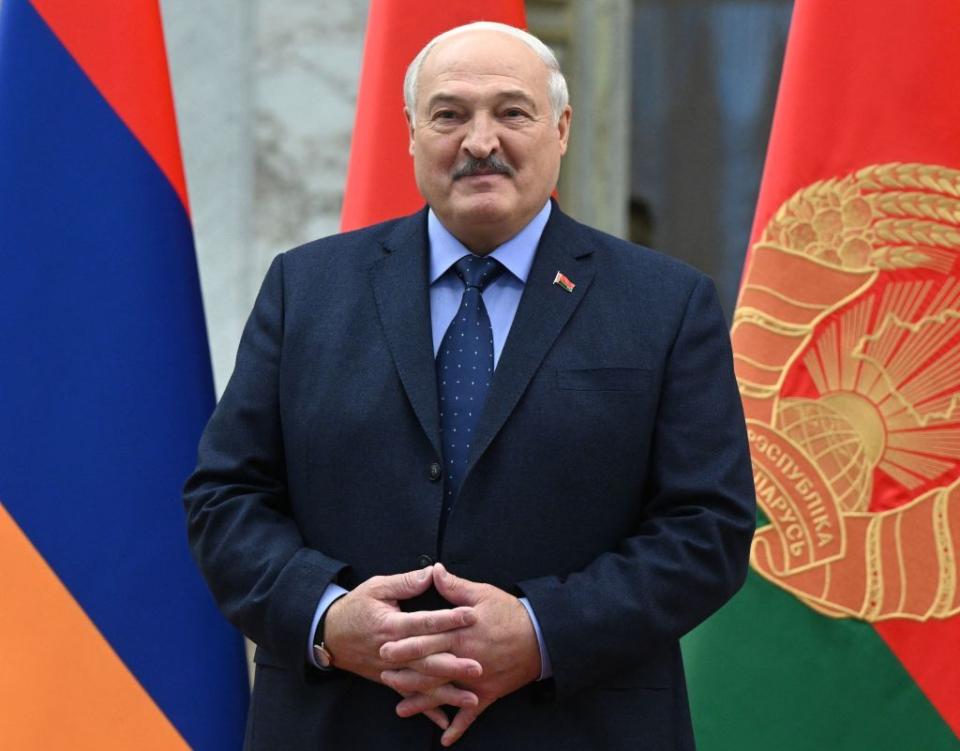 Belarusian President Alexander Lukashenko waiting to welcome leaders of the Collective Security Treaty Organisation (CSTO), a Russia-led security alliance comprising six post-Soviet states, prior to a meeting in the Belarusian capital Minsk on Nov. 23, 2023. (Sergei Guneyev/AFP via Getty Images)
