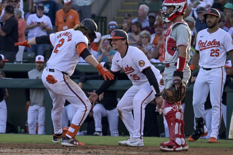 Catcher Adley Rutschman (C) and the Baltimore Orioles will host the Los Angeles Angels at 3:05 p.m. EDT Thursday in Baltimore. File Photo by Steve Nesius/UPI