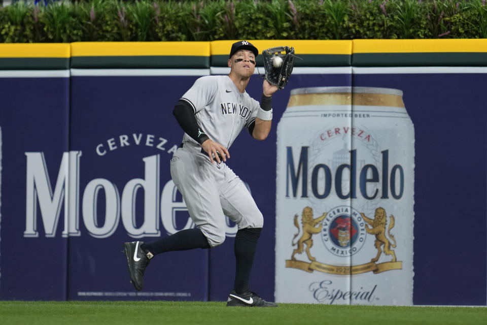 New York Yankees right fielder Aaron Judge (99) catches a Detroit Tigers' Matt Vierling fly ball in the ninth inning of a baseball game, Tuesday, Aug. 29, 2023, in Detroit. (AP Photo/Paul Sancya)