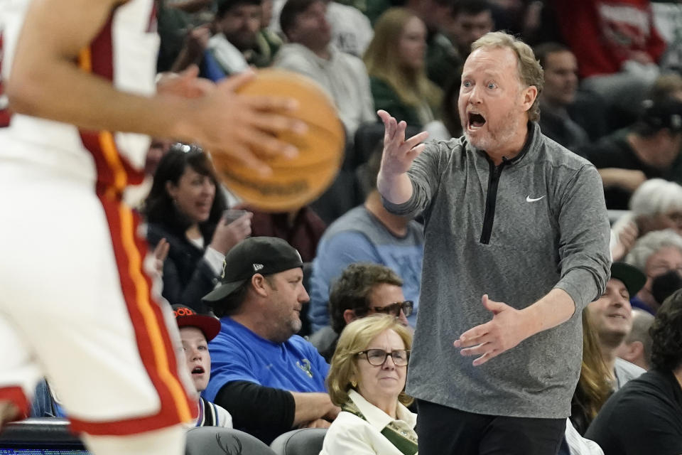 Milwaukee Bucks head coach Mike Budenholzer reacts to a call during the second half of Game 2 of the team's NBA basketball first-round playoff series against the Miami Heat on Wednesday, April 19, 2023, in Milwaukee. (AP Photo/Aaron Gash)