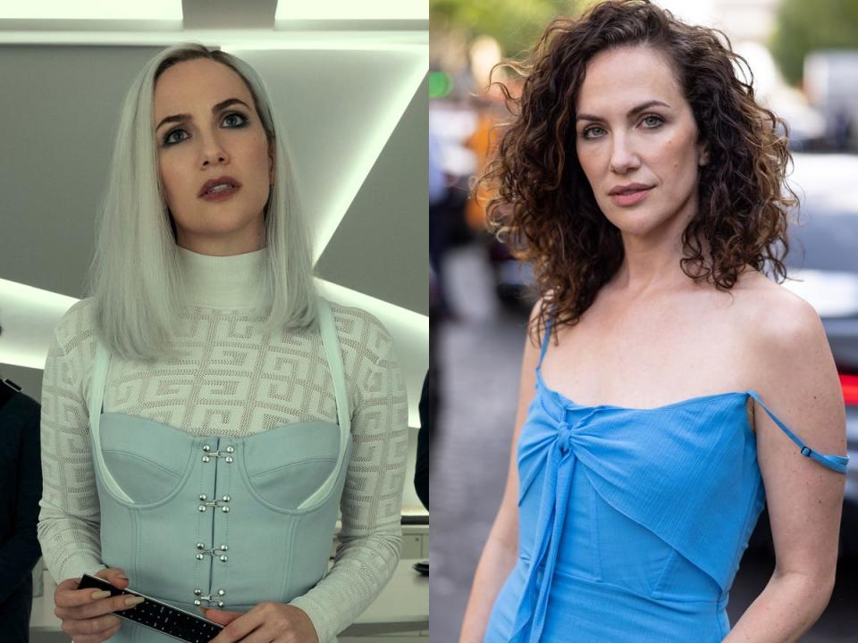 A side-by-side image of Kate Siegel on "The Fall of the House of Usher," and in 2023.
