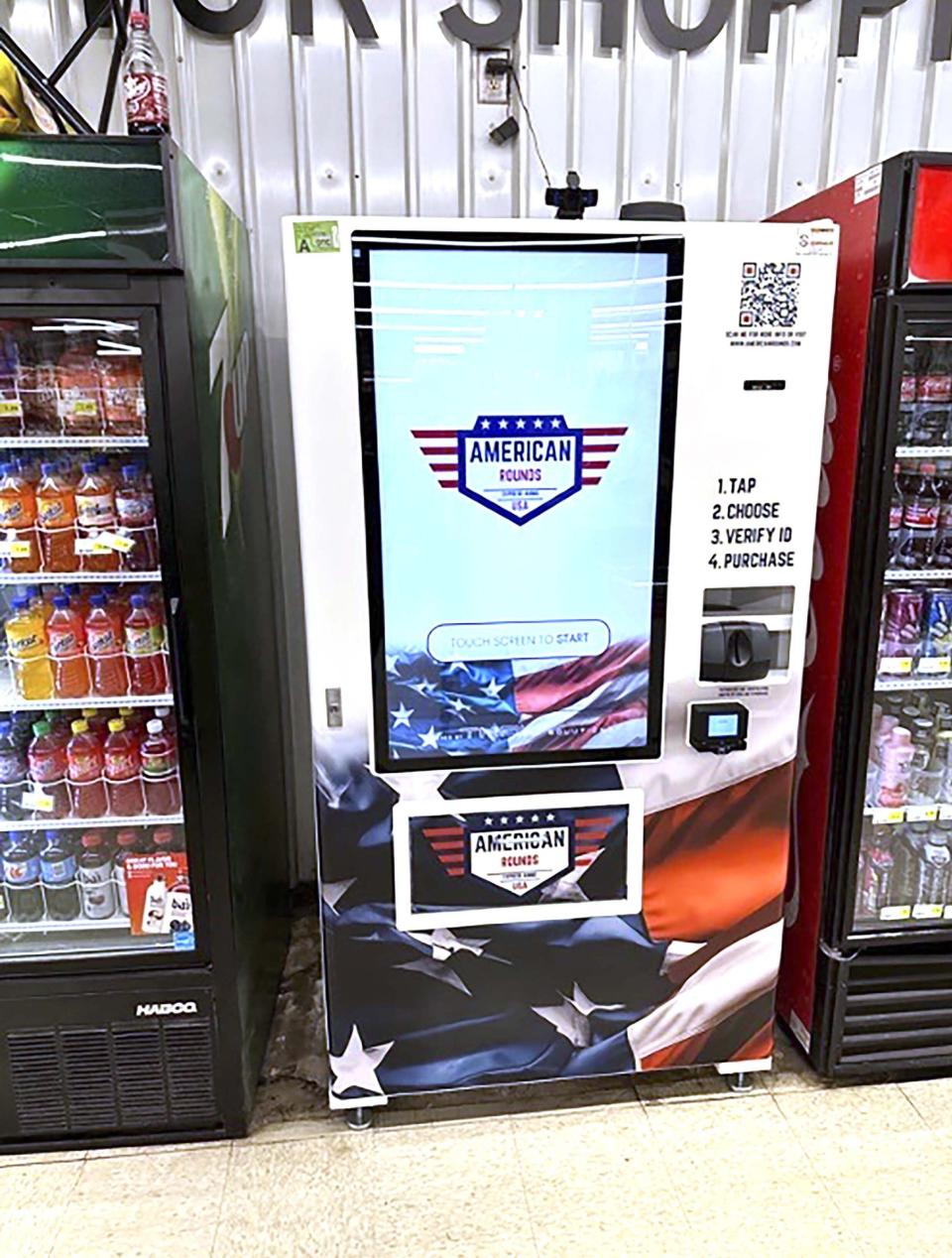 In this undated photo provided by American Rounds is a vending machine that sell ammunition in several locations across the United States. The machines scan a customers’ drivers license and uses facial scanning to verify a purchaser’s identity and that they are at least 21. (American Rounds via AP)