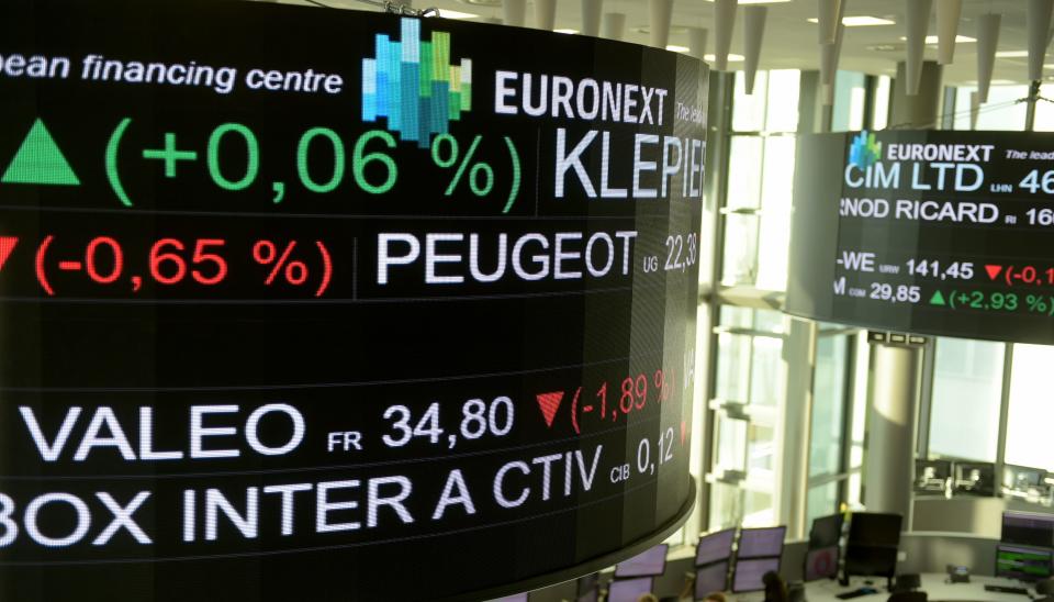 The stock tickers and financial display are pictured at the headquarters of the Pan-European stock exchange Euronext in La Defense district, near Paris on November 21,2019 (Photo by ERIC PIERMONT / AFP) (Photo by ERIC PIERMONT/AFP via Getty Images)