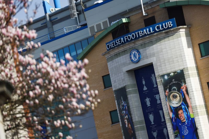 Views outside Chelsea FC after Britain imposed sanctions on its Russian owner, Roman Abramovich