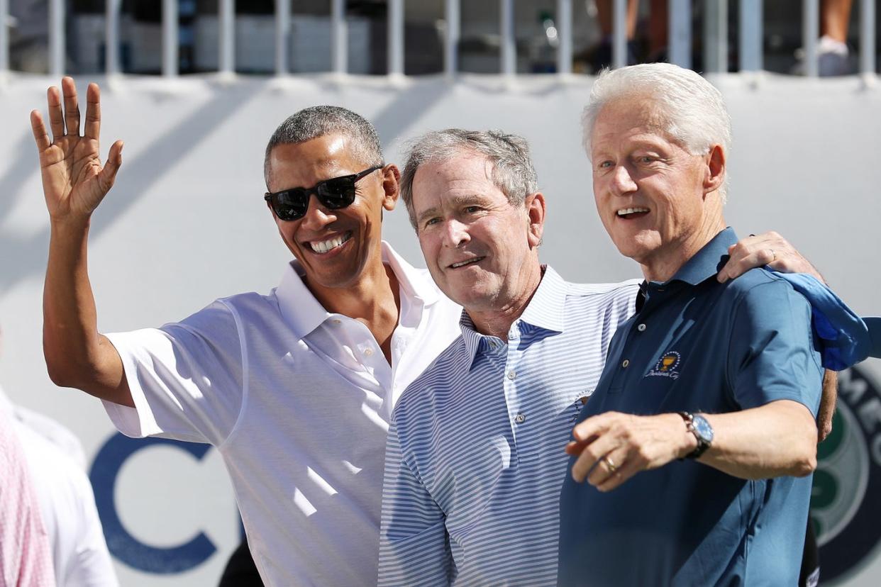 jersey city, nj september 28 l r former us presidents barack obama, george w bush and bill clinton attend the trophy presentation prior to thursday foursome matches of the presidents cup at liberty national golf club on september 28, 2017 in jersey city, new jersey photo by rob carrgetty images