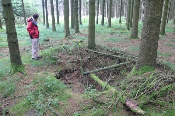 An American foxhole near Foy in the Belgian Ardennes forest, from the Battle of the Bulge in 1944.