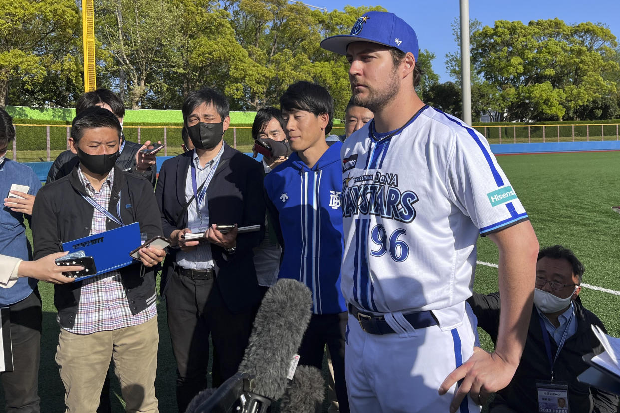 Trevor Bauer told reporters that he felt good about his debut with the Yokohama BayStars. (AP Photo/Stephen Wade)