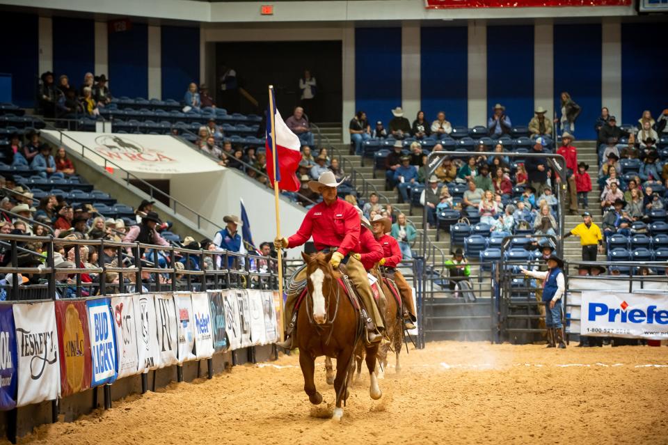One of the crowd favorite area teams, 6666 Dixon Creek Division located close to Borger and Panhandle, lead in for the opening ceremony at the 2022 WRCA World Championship Ranch Rodeo in this file photo.