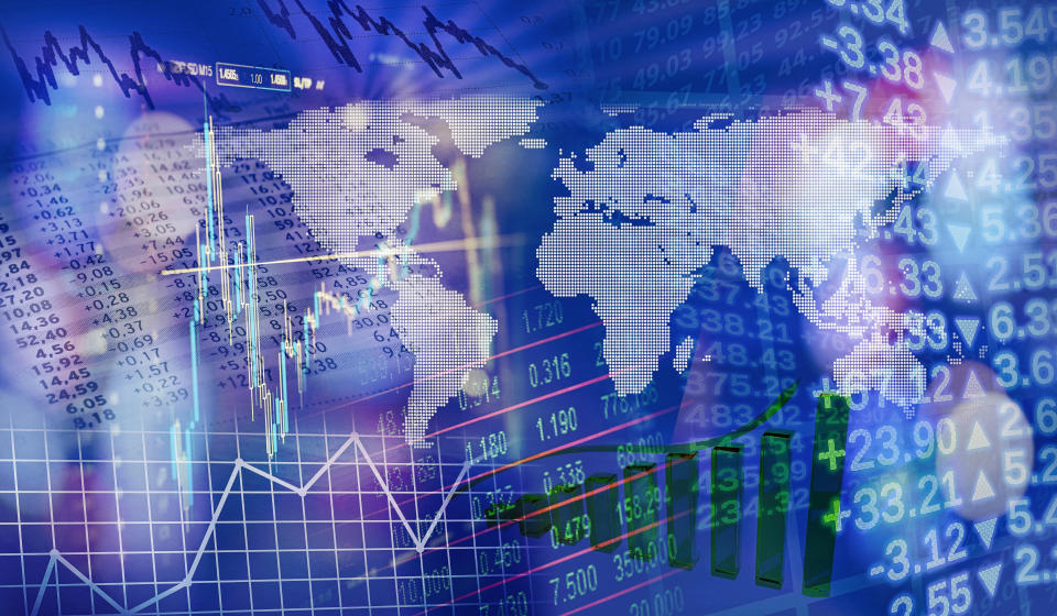 World map with charts and graphs as symbols of global finance