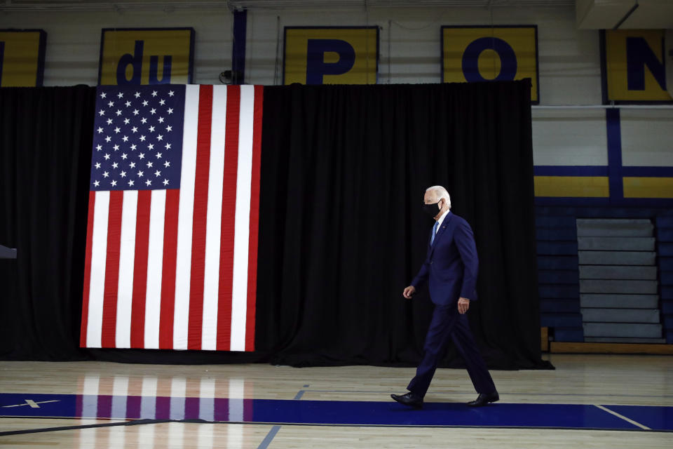 Democratic presidential candidate, former Vice President Joe Biden arrives to speak at Alexis Dupont High School in Wilmington, Del., Tuesday, June 30, 2020. (AP Photo/Patrick Semansky)