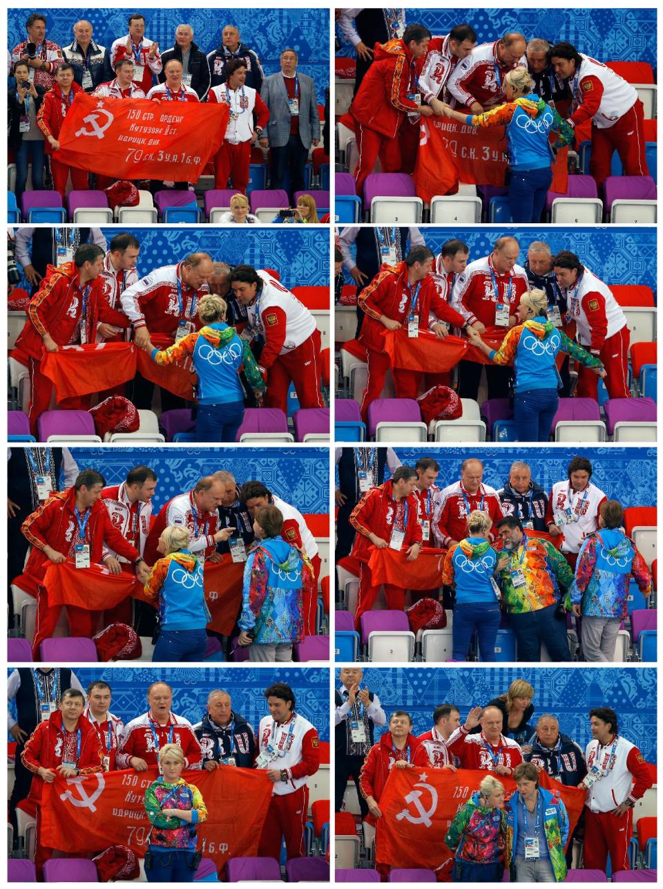 In this combination of photos taken on Friday, Feb. 21, 2014, at the Iceberg Skating Palace in Sochi, Russia, a group of Communist party officials attempts to display the Soviet Banner of Victory during a flower ceremony for a short track speedskating competition during the 2014 Winter Olympics. In the series, sequenced left to right starting at the top row, Russian Communist Party leader Gennady Zyuganov, center, and Communist lawmakers Yuri Afonin, center left, and Nikolai Kharitonov, center right, along with party spokesman Alexander Yushchenko, right, and an unidentified man at left argue with the protocol manager at the venue and grasp her arms as she tries to stop them from displaying the banner. She relents when Mikhail Kusnirovich, founder and chairman of Russian apparel giant Bosco Di Ciliegi, gets involved in the discussion. The banner is a replica of the flag raised by Soviet soldiers in Berlin in 1945, in victory over Nazi Germany. The International Olympic Committee forbids the display of political banners at Olympic venues. (AP Photo/Vadim Ghirda)