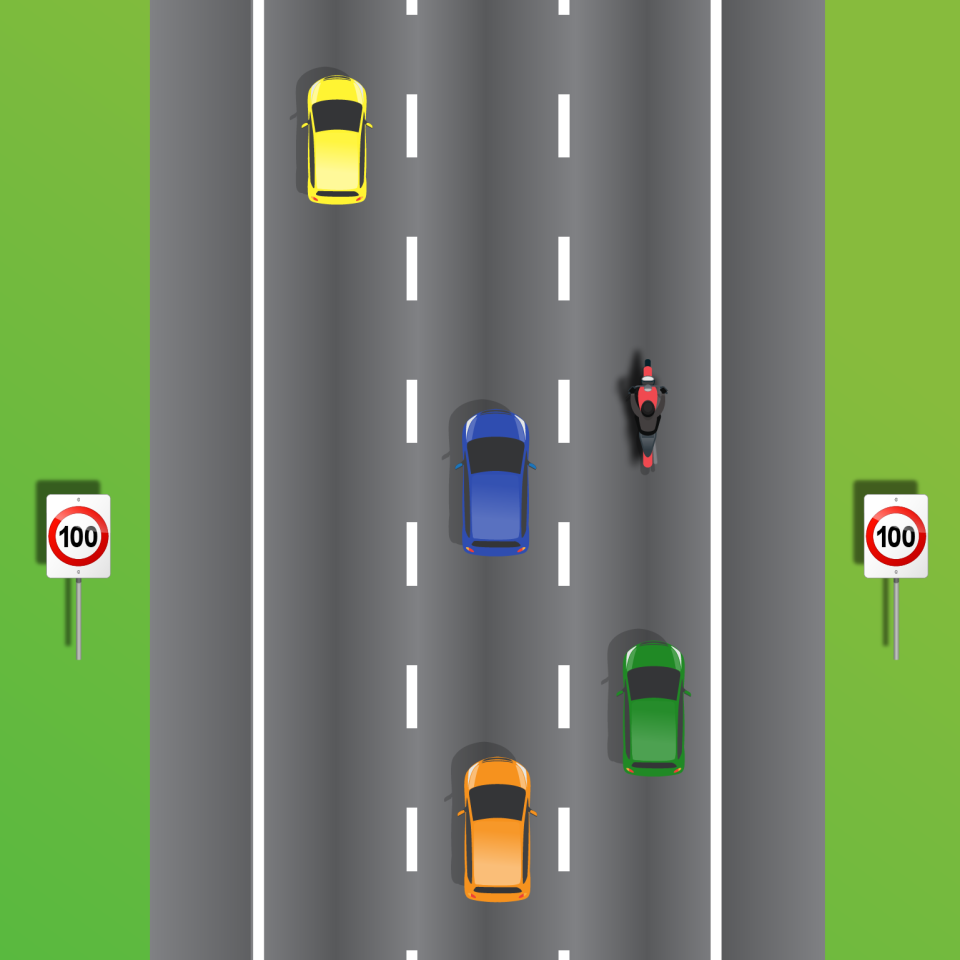 Several cars are pictured on a three-lane road. A quiz asks if the blue car can stay in the middle lane on a three-lane road.