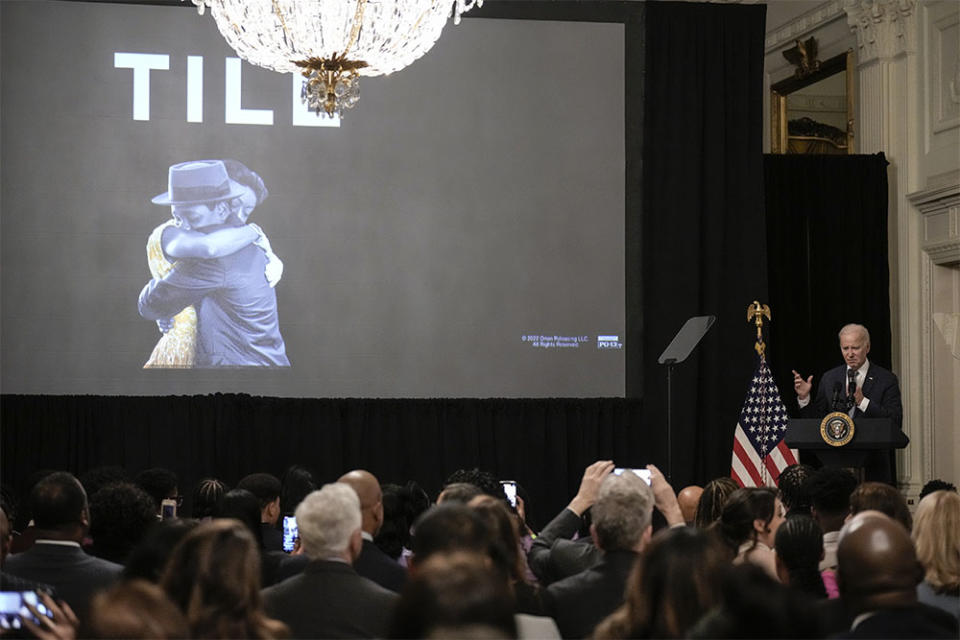 U.S. President Joe Biden speaks before a screening of the movie Till in the East Room of the White House February 16, 2023 in Washington, DC. The film is based on the true story of Mamie Till-Bradley, who pursued justice after the murder of her 14-year-old son Emmett Till in 1955.