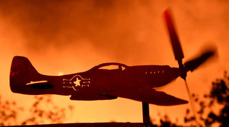 An airplane weather-vain propeller spins from the heavy winds from the Thomas Fire in the hills outside Montecito California, U.S., December 16, 2017. REUTERS/Gene Blevins