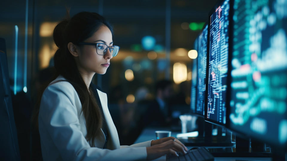 A woman programmer in a modern office working with multiple computer servers.