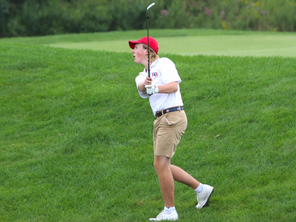 Bridgewater-Raynham's Richie Thayer chips from the rough during a Southeastern Conference match against Durfee at Olde Scotland Links on Aug. 29, 2023.