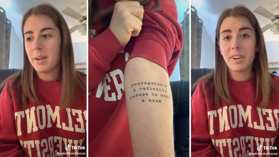 Leah Holland got an unfortunate tattoo at the start of 2020, but promises she is not an anti-masker. Source: TikTok/@wakaflockafloccare 