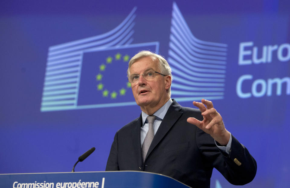 <em>Gift – The delegation of Brexit supporters were expected to present Michel Barnier with a hamper of English products (Picture: AP)</em>