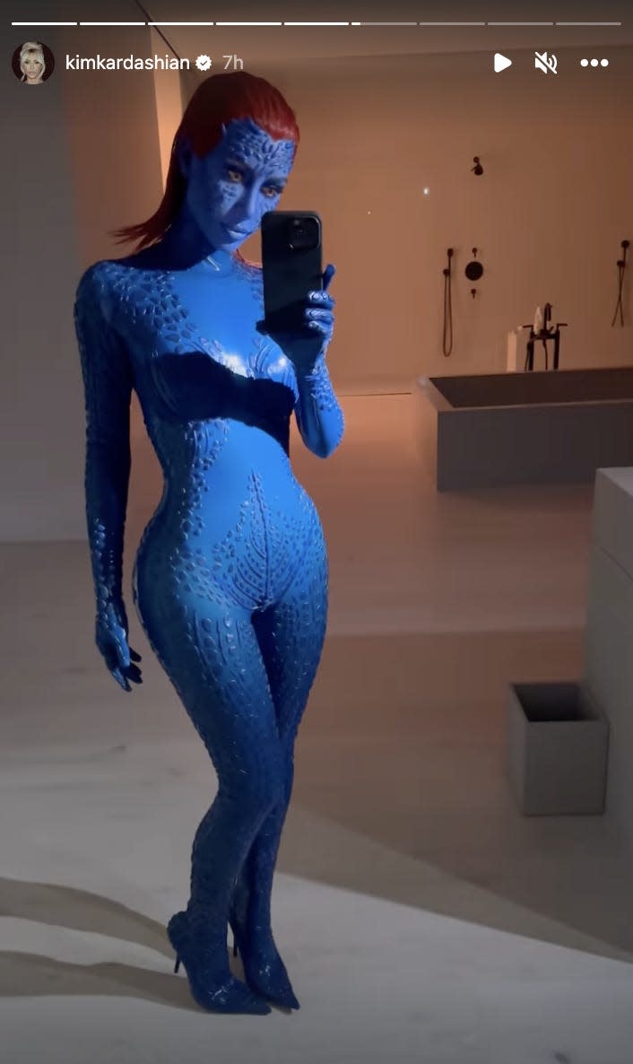 Kim Kardashian Halloween costume 2022 as Mystique from the X-Men comic books.