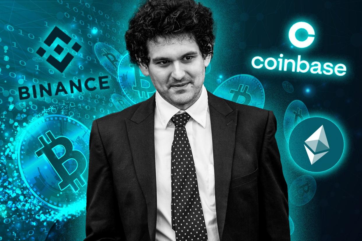 Sam Bankman-Fried smirks amid the logos of Coinbase, Binance, Bitcoin, and Ethereum. 