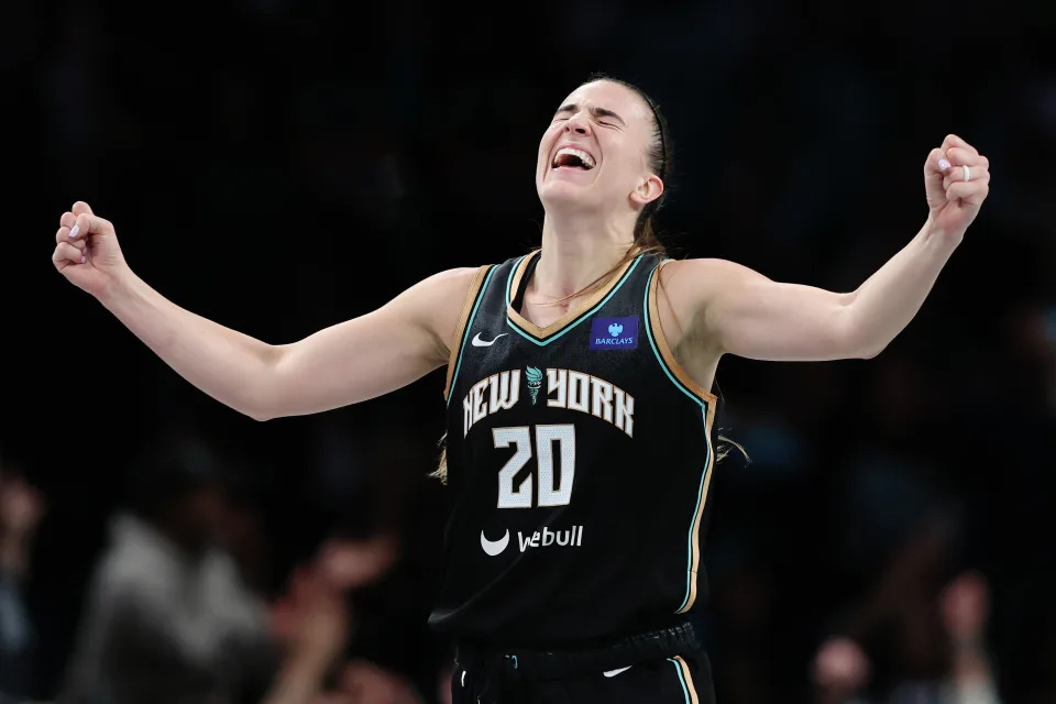  Sabrina Ionescu #20 of the New York Liberty reacts during the second half against the Atlanta Dream in Game Two of Round One of the WNBA Playoffs at Barclays Center on September 24, 2024 in the Brooklyn borough of New York City. The Liberty won 91-82. NOTE TO USER: User expressly acknowledges and agrees that, by downloading and or using this photograph, User is consenting to the terms and conditions of the Getty Images License Agreement. (Photo by Sarah Stier/Getty Images)