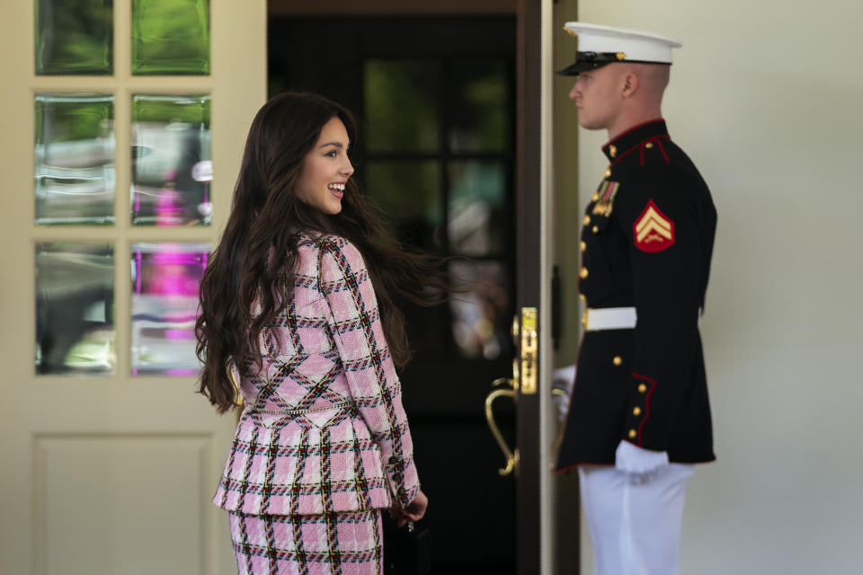 Actress Olivia Rodrigo glances as she enters the West Wing of the White House, Wednesday, July 14, 2021. (AP Photo/Manuel Balce Ceneta)