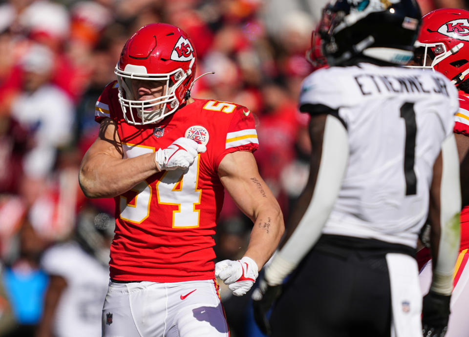 Nov 13, 2022; Kansas City, Missouri, USA; Kansas City Chiefs linebacker Leo Chenal (54) celebrates after a sack during the first half against the Jacksonville Jaguars at GEHA Field at Arrowhead Stadium. Mandatory Credit: Jay Biggerstaff-USA TODAY Sports