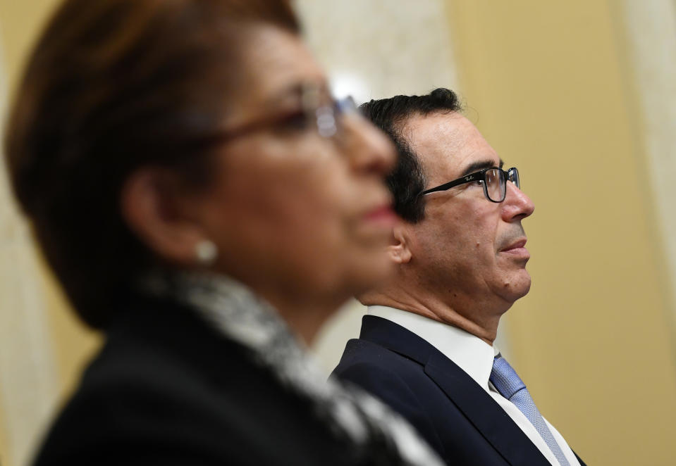 WASHINGTON, DC - JUNE 10: U.S. Secretary of the Treasury Steven Mnuchin waits to testify before the Senate Small Business and Entrepreneurship Hearings to examine implementation of Title I of the CARES Act on Capitol Hill on June 10, 2020 in Washington, DC. (Photo by Kevin Dietsch - Pool/Getty Images)