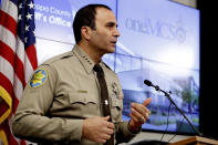 FILE - In this Feb. 14, 2019, file photo, is Maricopa County Sheriff Paul Penzone at a news conference in Phoenix. Penzone, who is seeking re-election, is running unopposed in the Aug. 4, 2020, Democrat primary. Penzone will face the winner of the Republican primary, whose candidates include his predecessor, former six-term Sheriff Joe Arpaio. (AP Photo/Matt York, File)