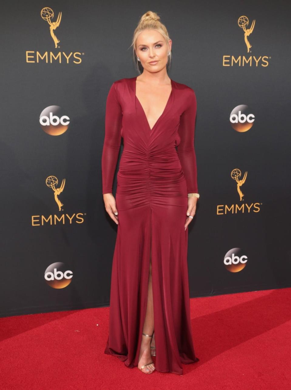 Worst: Lindsey Vonn in a ruby ruched dress