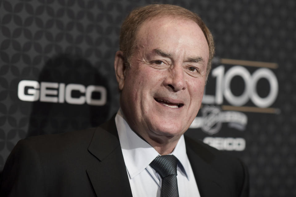 FILE- In this Jan. 27, 2017, file photo, NBC “Sunday Night Football” announcer Al Michaels arrives at the The NHL100 Gala held at the Microsoft Theater in Los Angeles. Michaels has been a prime-time fixture in the NFL for decades as the voice of "Monday Night Football" on ABC for 20 years and is now entering his 14th season calling Sunday night games on NBC. (Photo by Richard Shotwell/Invision/AP, File)