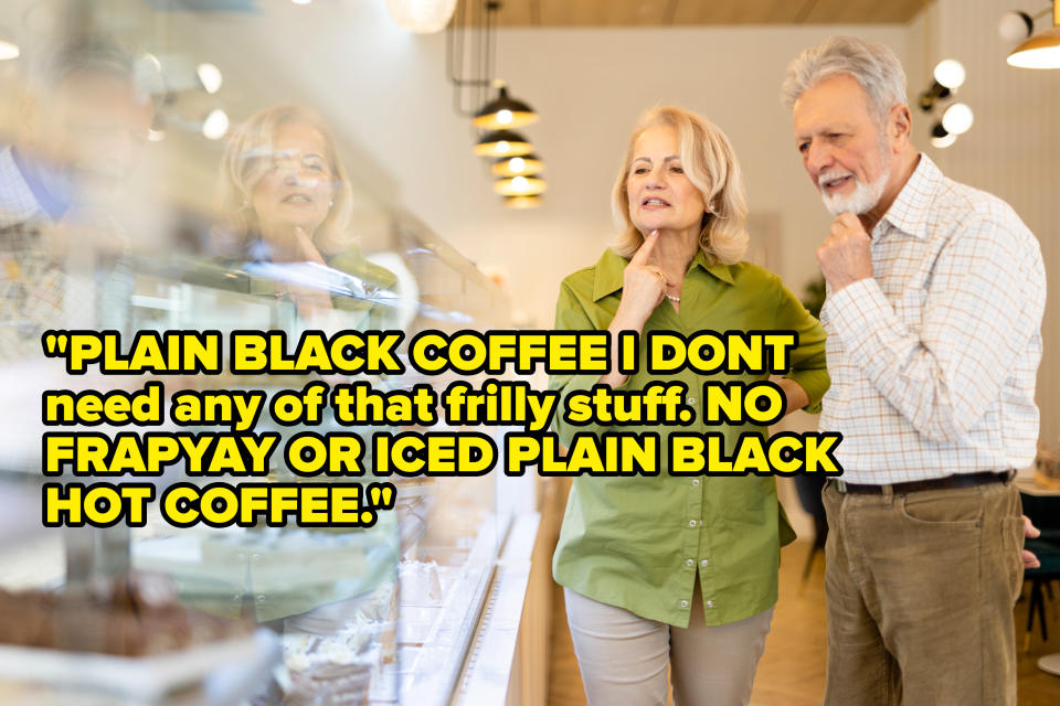 Senior couple contemplating pastries at a bakery display