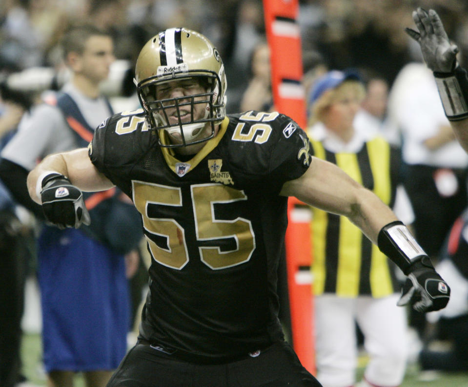 FILE - This Jan. 13, 2007 file photo shows New Orleans Saints linebacker Scott Fujita reacting after his team made a play against the Philadelphia Eagles during the NFC divisional playoff football game in New Orleans. Saints linebacker Jonathan Vilma has been suspended without pay for the entire 2012 season by the NFL, one of four players punished for participating in a pay-for-pain bounty system. Defensive lineman Anthony Hargrove, now with the Green Bay Packers, is suspended for eight games this season; Saints defensive end Will Smith is barred for four games; and linebacker Scott Fujita, now with the Cleveland Browns, will miss three games. All of the suspensions are without pay. (AP Photo/Rogelio V. Solis, File)