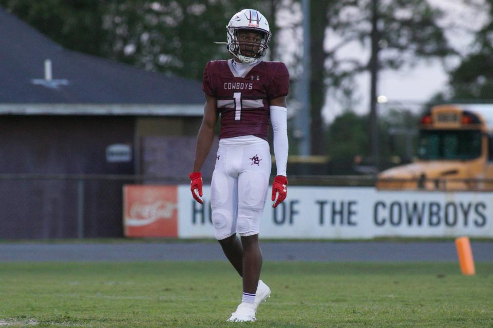 Madison County senior defensive back Jonathan Akins (1) prepares for kickoff in a game against Wakulla on Aug. 20, 2022, at Boot Hill. The Cowboys won, 25-14.