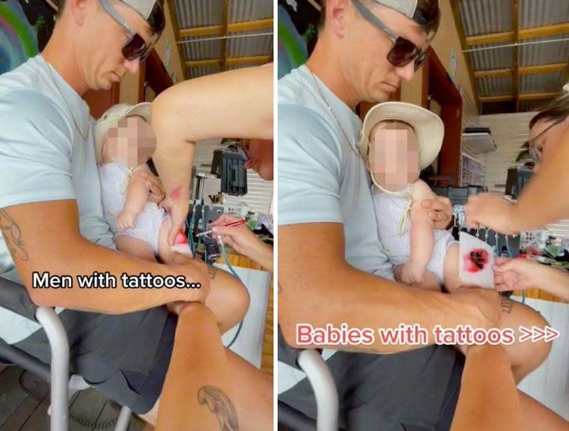 一名男子帶著6個月大的嬰兒做「人體藝術」，被網友痛批：太噁心！（翻攝TikTok@stetsyboiii）