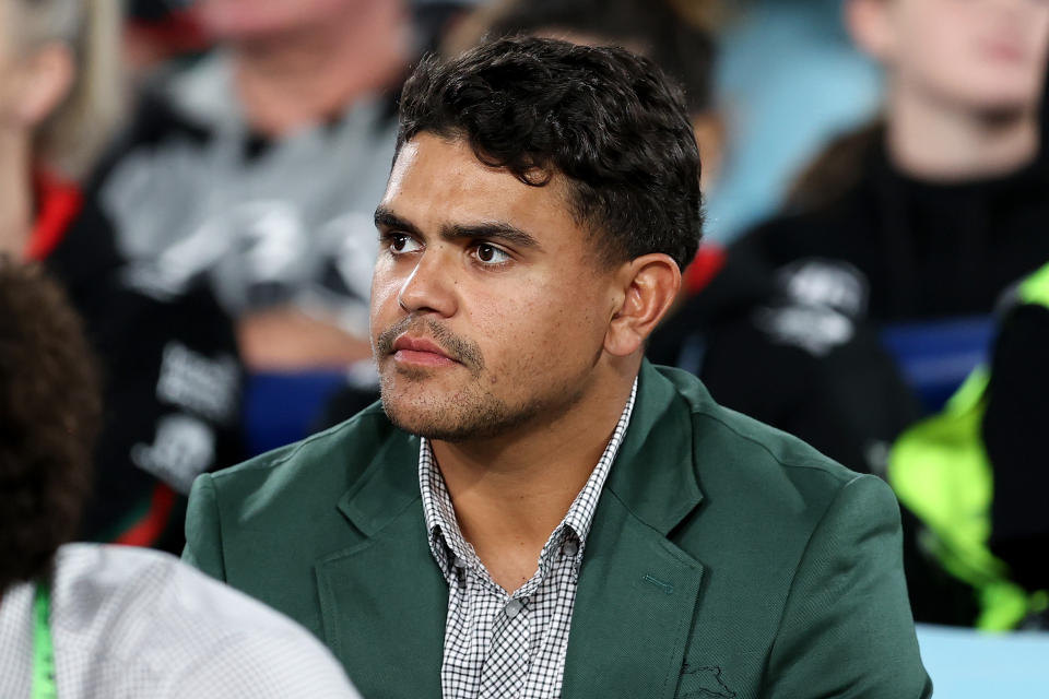 SYDNEY, AUSTRALIA - APRIL 13: Latrell Mitchell of the Rabbitohs looks on during the round six NRL match between South Sydney Rabbitohs and Cronulla Sharks at Accor Stadium, on April 13, 2024, in Sydney, Australia. (Photo by Brendon Thorne/Getty Images)