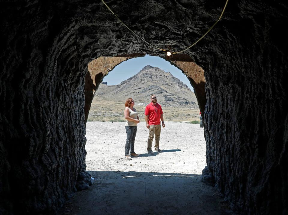 Training coordinator Jennifer Cavalli and Derek Schumann outside a training facility at Dugway Proving Ground in 2017.